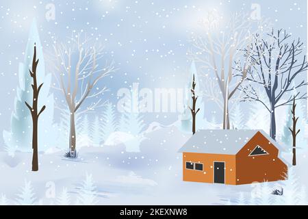 Winter mountains landscape with houses and trees on vector background with snowflakes falling from the sky. Cartoon winter scenery of cold weather Stock Vector