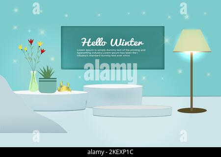 Hello, Winter sale product banner, podium platform with star and light background, and paper illustration. Stock Vector