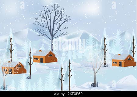 Winter mountains landscape with houses and trees on vector background with snowflakes falling from the sky. Cartoon winter scenery of cold weather Stock Vector