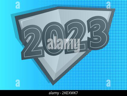 Superhero coat of arms showing Happy New Year 2023 icon. Colorful comic book style vector illustration. Stock Vector