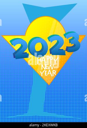Superhero coat of arms showing Happy New Year 2023 icon. Colorful comic book style vector illustration. Stock Vector