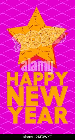 Superhero coat of arms showing Happy New Year 2023 icon. Colorful comic book style vector illustration. Stock Vector
