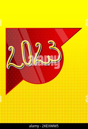 Superhero coat of arms showing Happy New Year 2023 icon. Colorful comic book style vector illustration. Stock Vector