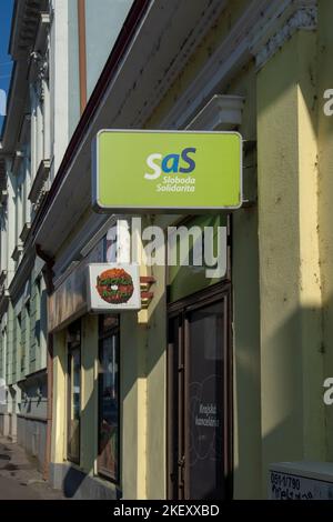 Nitra, Slovakia - November, 13, 2022 :  SaS sign. Freedom and Solidarity (Slovak: Sloboda a solidarita, SaS) is a liberal political party in Slovakia. Stock Photo