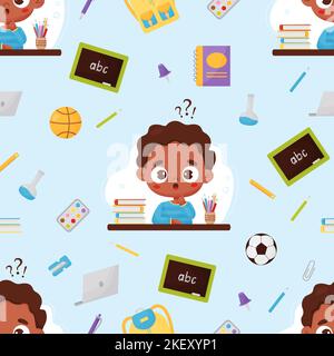 Seamless pattern back to school. Dark-skinned pensive boy, school education items and stationery in flat cartoon style on light blue background Stock Vector