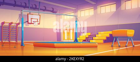 School gym, court interior with equipment. Sports arena for team games, marked floor, basketball hoop, mats, jumping bar and empty fan sector seats. Indoor college stadium, Cartoon vector illustration Stock Vector