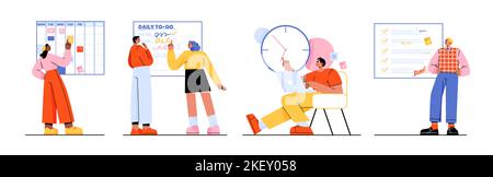 Time management, planning, tasks schedule business concept with people making notes and plan affairs in calendar or todo list. Efficient and effective multitasking work Linear flat vector illustration Stock Vector