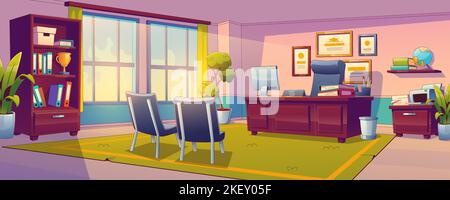 Principal school office interior furniture and stuff set. Director table,  desk with printer, chairs and bookcase with files folders, trophies in  glass stand, potted plants. Cartoon vector illustration Stock Vector Image &