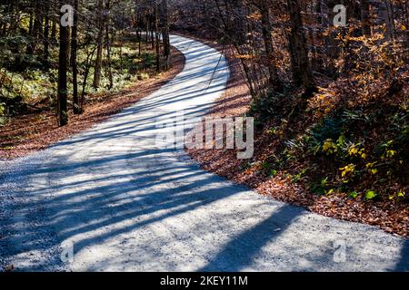 Long autumn shadows stripe a country road in East Montpelier, VT, USA, New England Stock Photo