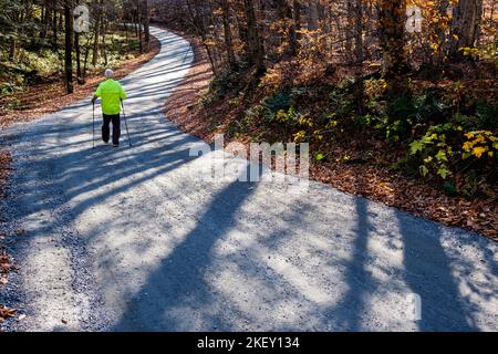 Older man in high-visibilty jacket walks past long autumn shadows that stripe a country road in East Montpelier, VT, USA, New England Stock Photo