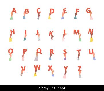 Group of different female hands holding red alphabet letters. Diverse multi-ethnic people are together. Vector hand drawn illustration in cartoon Stock Vector