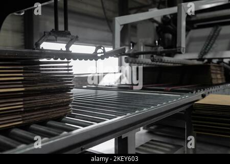 Close-up on blanks for recycled paper boxes on a conveyor machine in a recycling plant Stock Photo