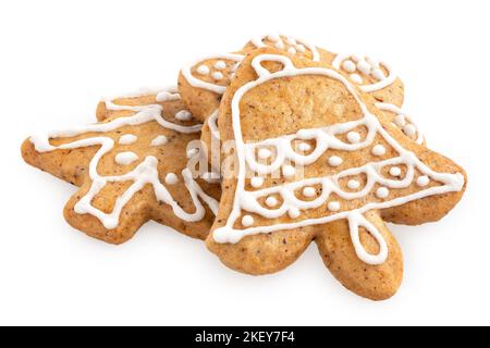 Decorated Christmas gingerbread cookies isolated on white. Stock Photo