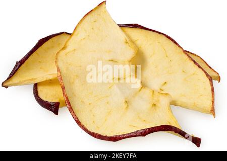 Three dried apple slices isolated on white. Stock Photo