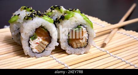 Sushi rolls close up. Traditional Japanese Food Stock Photo