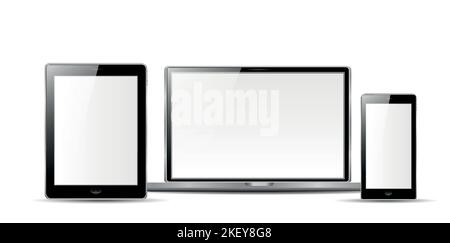 smartphone, tablet and laptop set with blank screen saver isolated on white background. realistic and detailed devices mockup. stock vector Stock Vector