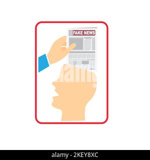Hands of a man holding a newspaper with the text fake news on it and introducing it in a human head Stock Vector