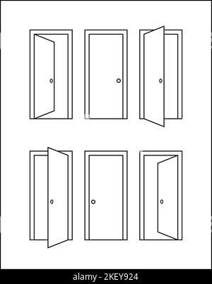 6 doors, opened and closed, left and right, door icons, flat lines, vector, true to scale, scalable, customizable Stock Vector