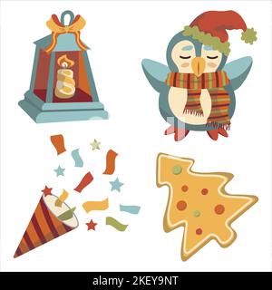 set of new year vector penguin in santa hat gingerbread in the form of fir tree clapperboard christmas new year Stock Vector