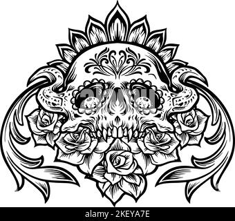 Silhouette Sugar Skull Mexican with Ornaments vector illustrations for your work logo, merchandise t-shirt, stickers and label designs, poster Stock Vector