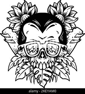 Skull Summer Beach Flowers monochrome vector illustrations for your work logo, merchandise t-shirt, stickers and label designs, poster, greeting cards Stock Vector
