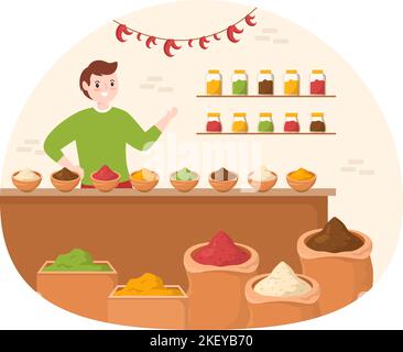 Spice Shop with Different Hot Spices, Condiment, Exotic Fresh Seasoning and Traditional Herbs in Flat Cartoon Hand Drawn Templates Illustration Stock Vector