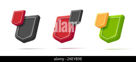 3d render isometric shields icon, empty shape in different colors with badge on top corner, isolated Stock Vector