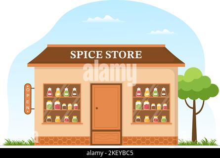 Spice Shop with Different Hot Spices, Condiment, Exotic Fresh Seasoning and Traditional Herbs in Flat Cartoon Hand Drawn Templates Illustration Stock Vector