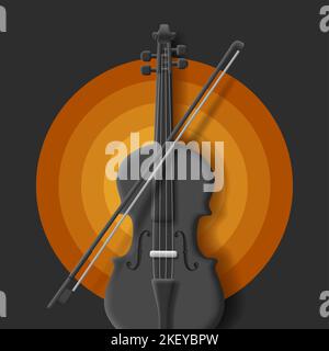 3d monochrome black Violin on circle layered backdrop, graphic element poster Stock Vector