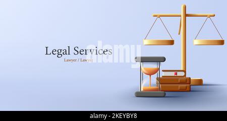 Realistic Justice golden 3d Scales with glass sand clock and books, Law Balance Symbol Isolated Icon Design Vector Illustration Stock Vector