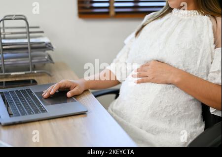 Beautiful Asian pregnant businesswoman working at her desk, using laptop computer. pregnancy with business concept Stock Photo