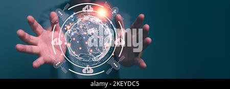 Business intelligence communication, Clouds and Satellite Orbit network, digital link connection technology system, Big data analytics, Businessman ho Stock Photo