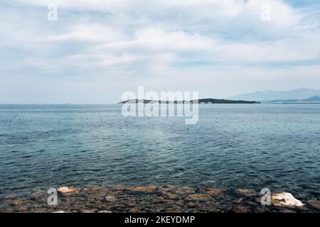 Panoramic landscape view of historical quarantine island in Urla, Izmir, Turkey. Stock Photo