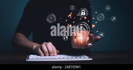 Man using computer with cloud computing diagram show on hand, Cloud technology. Data storage. Networking and internet service concept. Stock Photo