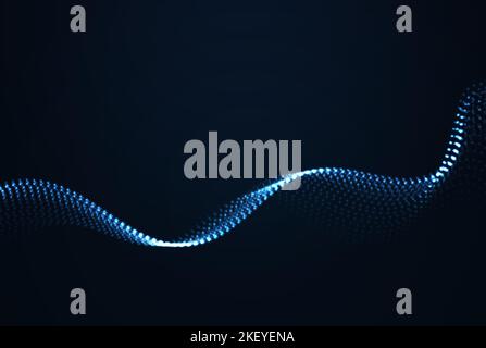 Wave of dynamic particles flows through the darkness. Blurred lights vector abstract background. Beautiful wavy array of glowing dots.Big data Stock Vector