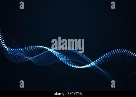 Wave of dynamic particles flows through the darkness. Blurred lights vector abstract background. Beautiful wavy array of glowing dots.Big data Stock Vector