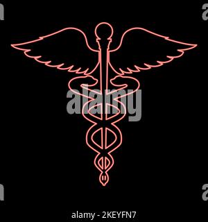 Neon caduceus health symbol asclepius's wand red color vector illustration image flat style light Stock Vector