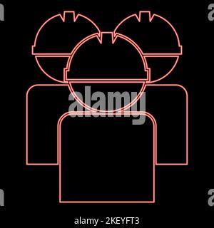 Neon labors group workers in helmet red color vector illustration image flat style light Stock Vector