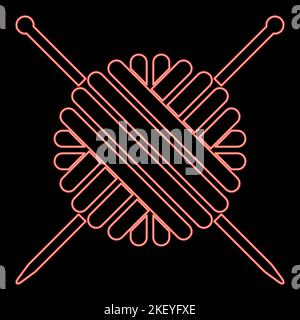 Neon ball of wool yarn and knitting needles red color vector illustration image flat style light Stock Vector