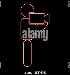 Neon man with video camera stick red color vector illustration image flat style light Stock Vector