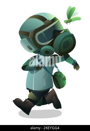 Man in gas mask running away from radiation mutant insect. Character in chemical protection against radioactive dust. Cartoon person post-apocalypse. Stock Vector