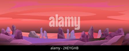 Alien red day. Rocks cliffs stone. Landscape mountainous. Natural land desert. Seamless composition. Cartoon style illustration. Vector Stock Vector