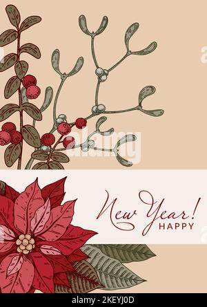 Merry Christmas and Happy New Year vertical greeting card with hand drawn poinsettia flower and mistletoe brunches. Festive colorful background. Stock Vector