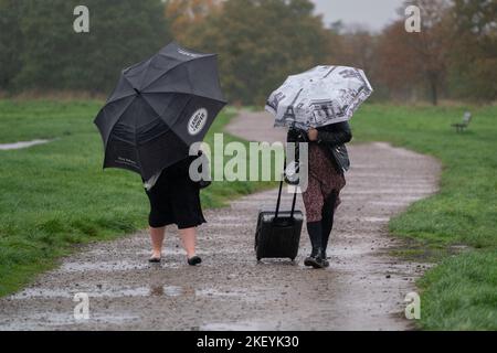 London UK. 15 November 2022.  Walkers  on Wimbledon Common  battle against the wind and rain this morning..  The Met office has issued a yellow weather warning for heavy rain, with floods possible across many parts of the UK. Credit: amer ghazzal/Alamy Live News Stock Photo