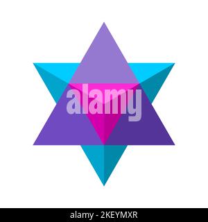 Colorful stylized Merkaba symbol. Sacred geometry shape. Star tetrahedron. 3D object made out of two triangles facing opposite directions. Modern logo Stock Vector