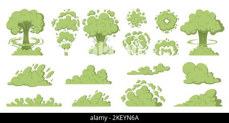 Cartoon bad smell poisonous clouds, stink, emissions, air pollution, clouds of smoking dust. Clouds of comics with an unpleasant smell, smoke from cigarettes, cooking steam. Vector set of caustic smokes. Stock Vector