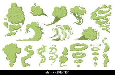Cartoon bad smell poisonous clouds, stink, emissions, air pollution, clouds of smoking dust. Clouds of comics with an unpleasant smell, smoke from cigarettes, cooking steam. Vector set of caustic smokes. Stock Vector