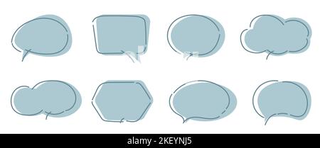 Vector Set of speech bubbles. Dialog box icon, message template. White clouds for text, lettering. Different shape of empty balloons for talk on blue background. Flat vector illustration. Stock Vector