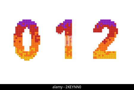set of letters and number made of multicolored bricks. 3d alphabet, one, two, zero Stock Photo