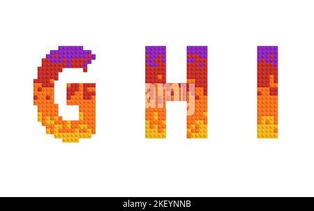 set of letters and number made of multicolored bricks. 3d alphabet, letters GHI Stock Photo